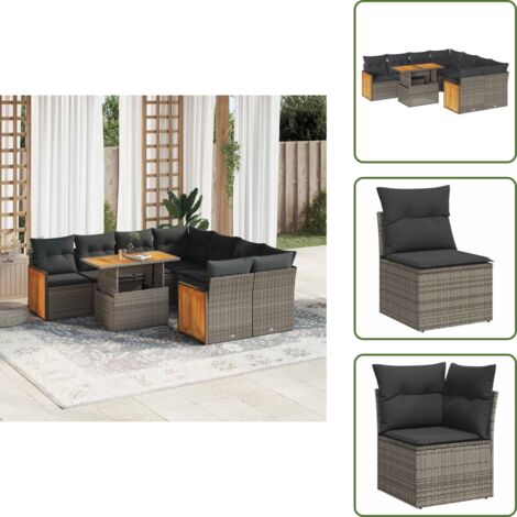 Rattan PE - vidaXL Set Divano da Giardino 9pz con Cuscini Grigio Polyrattan Acacia - Poltrona da giardino