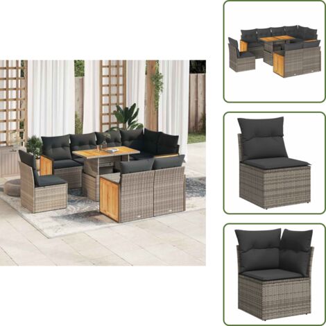Rattan PE - vidaXL Set Divano da Giardino 9pz con Cuscini Grigio Polyrattan Acacia - Poltrone da giardino