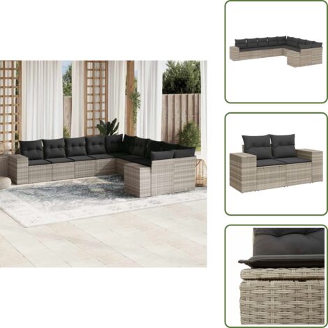 Rattan PE - vidaXL Set Divano Giardino 10 pz con Cuscini Grigio Chiaro Polyrattan - Poltrona da giardino
