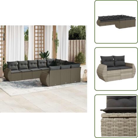 Rattan PE - vidaXL Set Divano Giardino 10 pz con Cuscini Grigio Chiaro Polyrattan - Poltrona da giardino