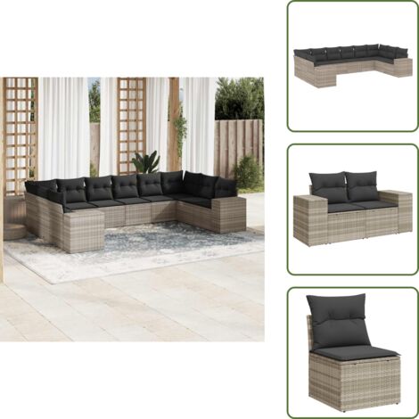 Rattan PE - vidaXL Set Divano Giardino 10 pz con Cuscini Grigio Chiaro Polyrattan - Poltrona da giardino