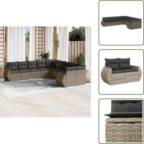 Rattan PE - vidaXL Set Divano Giardino 10 pz con Cuscini Grigio Chiaro Polyrattan - Poltrona da giardino