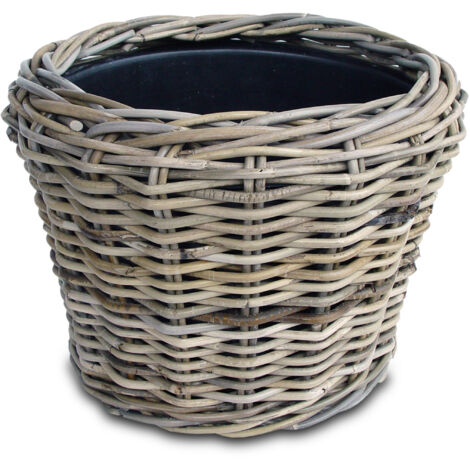 Rattan Pflanztopf mit Kunststoff Einsatz - 33 x 24 cm - Garten Deko Blumenkorb shabby grau - Drypot Weide Flechtkorb Pflanzen Behälter Blumen Kübel