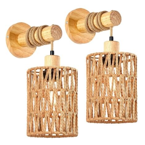 Rattan Rope Bedhead Wall Lamp Cylindrical Bedroom Light for Farmhouse Countryside Decorative LightingLampshade,A