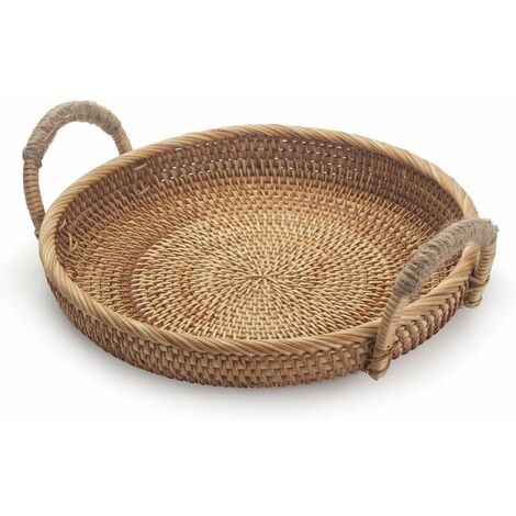 Rattan Round Fruit Baskets for Table Wicker Bread Tray with Handle for Serving Food, Crackers, Snacks (11inch D x 1.8inch H)