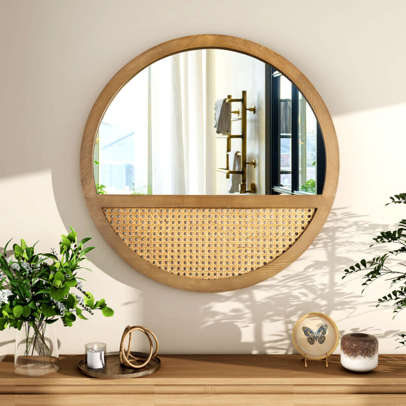 Shyfoy - Miroir rond en rotin 60 cm salon miroir mural décoratif cadre en bois miroir suspendu rétro miroir tissé à la main pour décoration murale