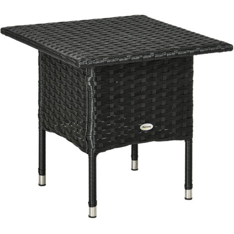 Rattan Side Table, Weather-Resistant Outdoor Coffee Table with Durable Plastic Board, Full Woven Top for Garden, Balcony, Black   UK