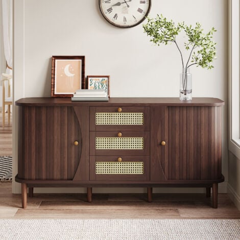 NECHE Rattan-Sideboard, Schiebetüren, verstellbare Regale, gewölbte Oberseite, 3 Schubladen, 140,5 x 40 x 76 cm, braun