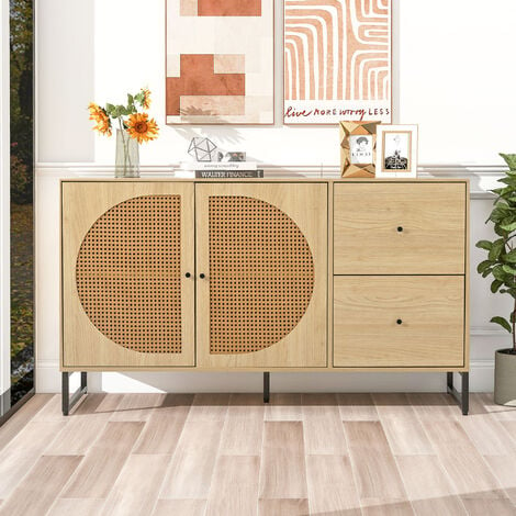 ABRIHOME Rattan Sideboard Sideboard with Rattan Decorated Doors Storage Cabinet with 2 Doors and 2 Drawers for Dinning Room Living Room Hallway