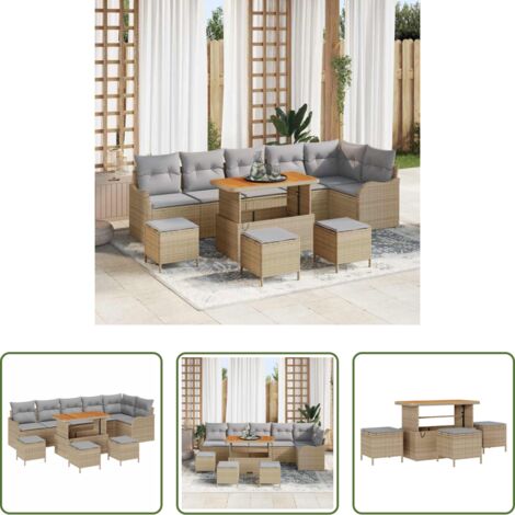Rattan sintetico -  Set Divano da Giardino con cuscino 10 pcs Beige e Grigio Chiaro