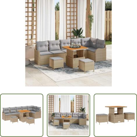 Rattan sintetico -  Set Divano da Giardino con cuscino 9 pcs Beige e Grigio Chiaro