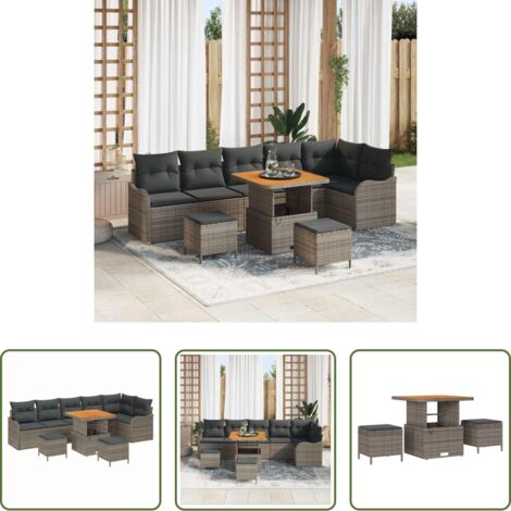 Rattan sintetico -  Set Divano da Giardino con cuscino con cuscino 9 pcs Grigio