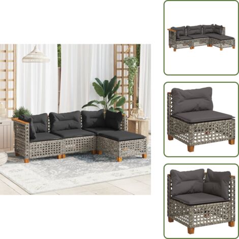 Rattan sintetico - vidaXL Set Divani da Giardino 4 pz con Cuscini in Polyrattan Grigio - Mobili da giardino