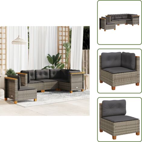 Rattan sintetico - vidaXL Set Divano da Giardino 5 pz con Cuscini Grigio in Polyrattan - Mobili da giardino