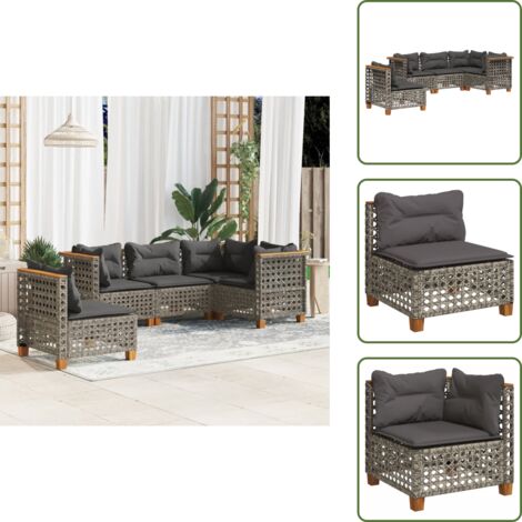 Rattan sintetico - vidaXL Set Divano da Giardino 5 pz con Cuscini Grigio in Polyrattan - Mobili da giardino