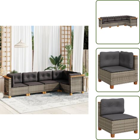 Rattan sintetico - vidaXL Set Divano da Giardino 5 pz con Cuscini Grigio in Polyrattan - Mobili da giardino