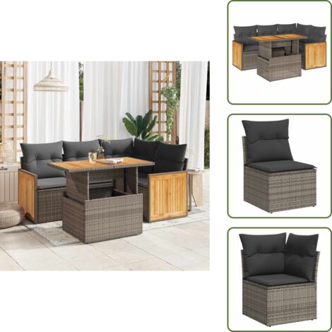 Rattan sintetico - vidaXL Set Divano Giardino 5 pz con Cuscini Grigio Polyrattan Acacia - Poltrone da giardino