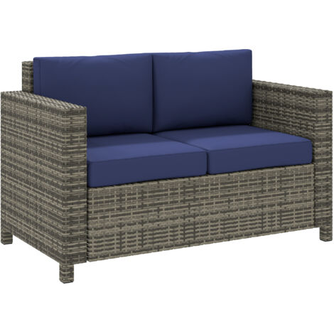 Rattan Sofa, 2 Seater Garden Furniture with Soft Padded Cushion and Armrests, Wicker Garden Loveseat for Patio, Navy Blue