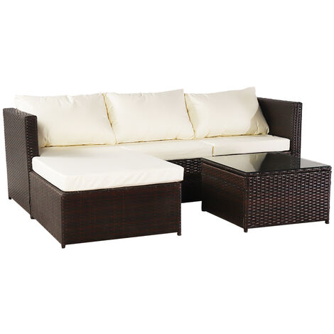main image of "Rattan Sofa Set of 3, 3 Seater Sofa & 1 Ottoman & Coffee Table Conversation Set with Beige Cushion for Outdoor Garden Patio Yard Furniture (Brown)"
