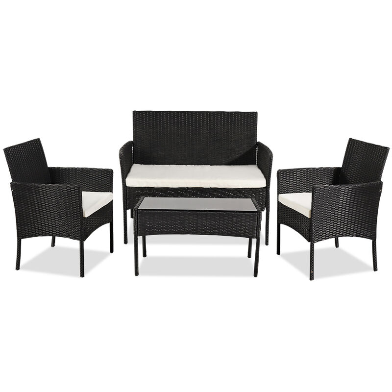 Rattan Sofa Set of 4, 2pcs Armchairs 1pc Love Seat & Tempered Glass Coffee Table Conversation Set with White Cream Cushion for Outdoor Garden Patio