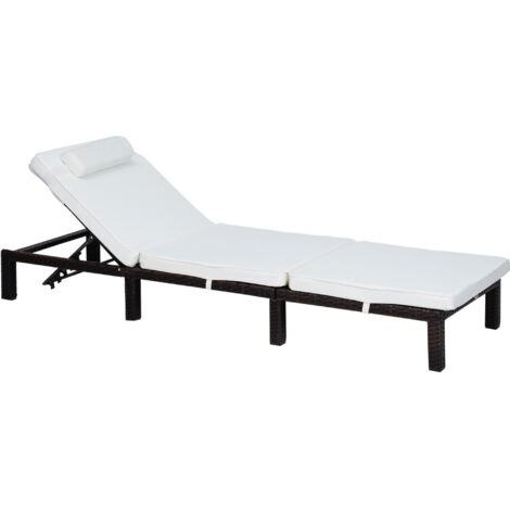 Rattan Sun Lounger, 5-Level Adjustable Garden Lounger Recliner with Cushion and Headrest, Outdoor Reclining Sunbed, Steel Frame Garden Chair for Patio, Beach, Terrace, Cream White