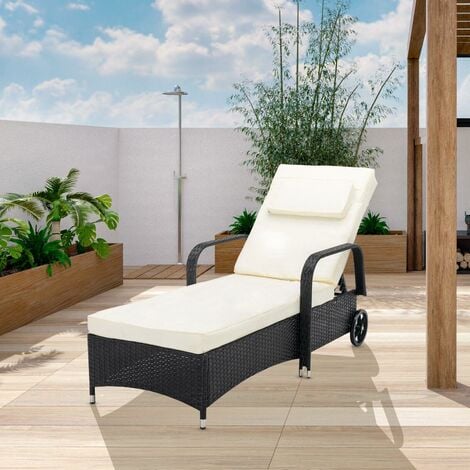 Rattan Sun Lounger Bed Recliner Outdoor Garden Chair Black