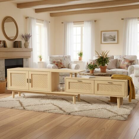 TANANT Rattan-TV-Möbel 115 cm – TV-Möbel mit 2 Schubladen und 2 Türen, Holzaußenseite, schwarze Griffe, längenverstellbar, Landhausstil – Natur