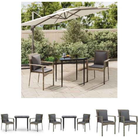 Rattan - vidaXL 3-tlg. Garten-Essgruppe mit Kissen Schwarz und Grau Poly Rattan - Gartenmöbel mit Kissen