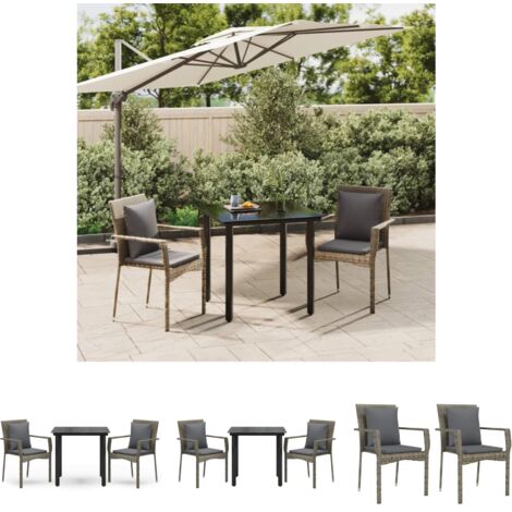 Rattan - vidaXL 3-tlg. Garten-Essgruppe mit Kissen Schwarz und Grau Poly Rattan - Gartenmöbel Outdoor