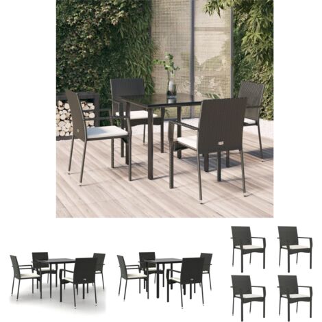 Rattan - vidaXL 5-tlg. Garten-Essgruppe mit Kissen Schwarz Poly Rattan - Gartenmöbel Schwarz