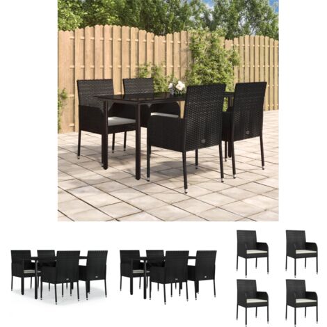 Rattan - vidaXL 5-tlg. Garten-Essgruppe mit Kissen Schwarz Poly Rattan - Gartenstuhl mit Kissen