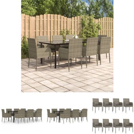 Rattan - vidaXL 9-tlg. Garten-Essgruppe mit Kissen Schwarz und Grau Poly Rattan - Poly Rattan
