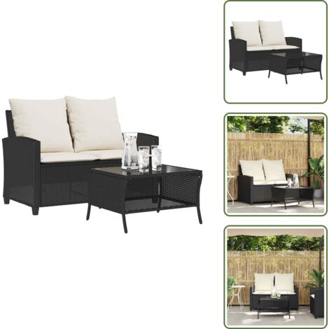 Rattan - vidaXL Divano da Giardino a 2 Posti Cuscini&Tavolo Nero in Polyrattan - Polirattan