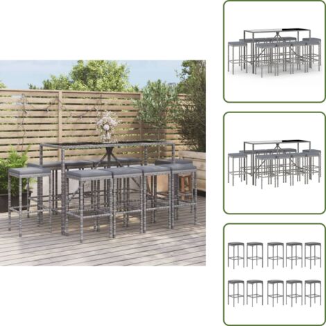 Rattan - vidaXL Set Bar da Giardino 11 pz con Cuscini in Polyrattan Grigio - Vetro temperato