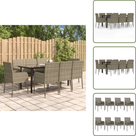 Rattan - vidaXL Set da Pranzo Giardino 9pz con Cuscini Nero e Grigio Polyrattan - Acciaio