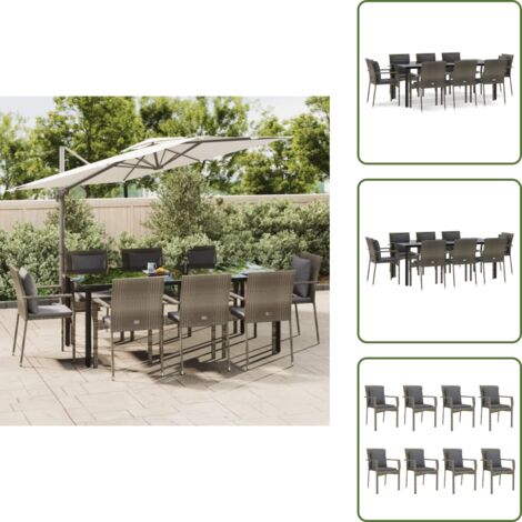 Rattan - vidaXL Set da Pranzo Giardino 9pz con Cuscini Nero e Grigio Polyrattan - Acciaio verniciato