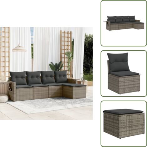 Rattan - vidaXL Set Divano da Giardino 5 pz con Cuscini Grigio in Polyrattan - Poltrona con cuscino