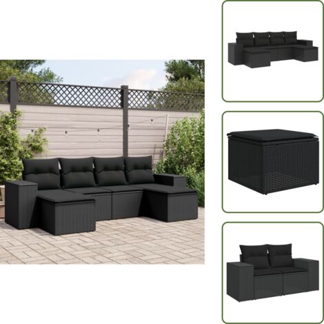 Rattan - vidaXL Set Divano da Giardino 6 pz con Cuscini Nero in Polyrattan - Poltrona con bracciolo