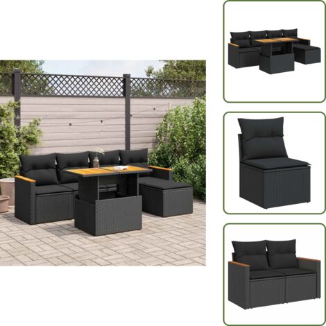 Rattan - vidaXL Set Divano da Giardino 6 pz con Cuscini Nero Polyrattan Acacia - Cuscini sfoderabili