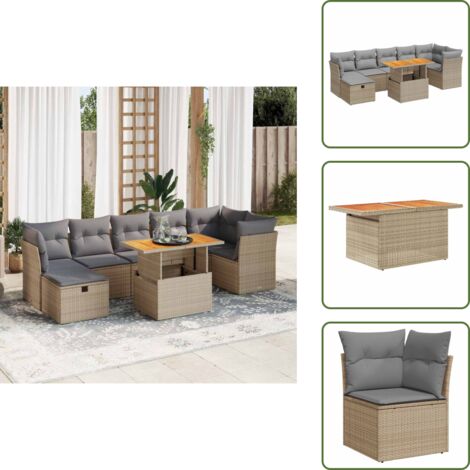 Rattan - vidaXL Set Divano da Giardino 8 pz con Cuscini Beige Polyrattan Acacia - Poli rattan
