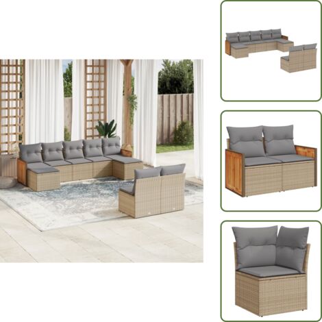 Rattan - vidaXL Set Divano da Giardino 9 pz con Cuscini Beige in Polyrattan - Poltrona con cuscino