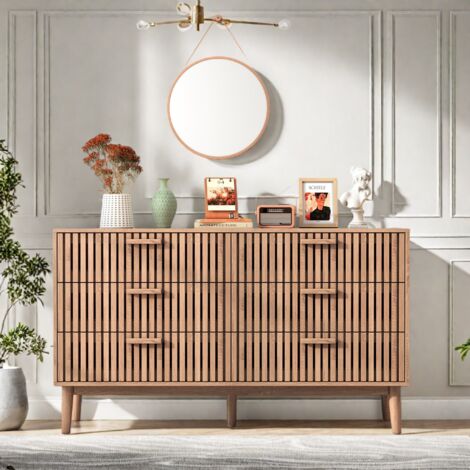 Rattanflechten Kommode mit sechs Schubladen, Kippschutzvorrichtung, aus Massivholz, naturfarben, Maße: 100 x 34 x 73 cm