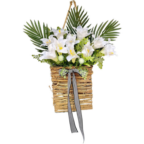 Rattankorb für die Tür, Lilienkranz, Korb mit künstlichen Blumen, Dekoration, Hängekorb