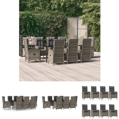 Rattanstuhl - vidaXL 9-tlg. Garten-Essgruppe mit Kissen Schwarz und Grau Poly Rattan - Liegestuhl