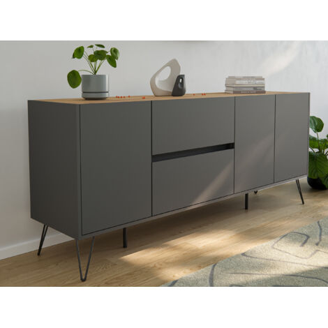 Raumwunder XL Sideboard Kommode Pharo 180cm 2 SoftClose 3 Türen Grafit/Eiche Top