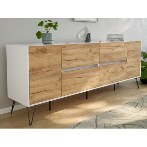 Raumwunder XXL Sideboard Heros 200cm 4 SoftClose 2 Türen Weiß/Eiche Front