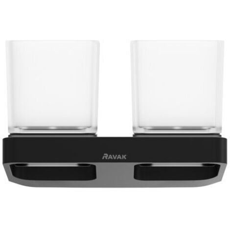 Ravak 10° - Vasos para cepillo y pasta de dientes con soporte, negro/vidrio X07P558