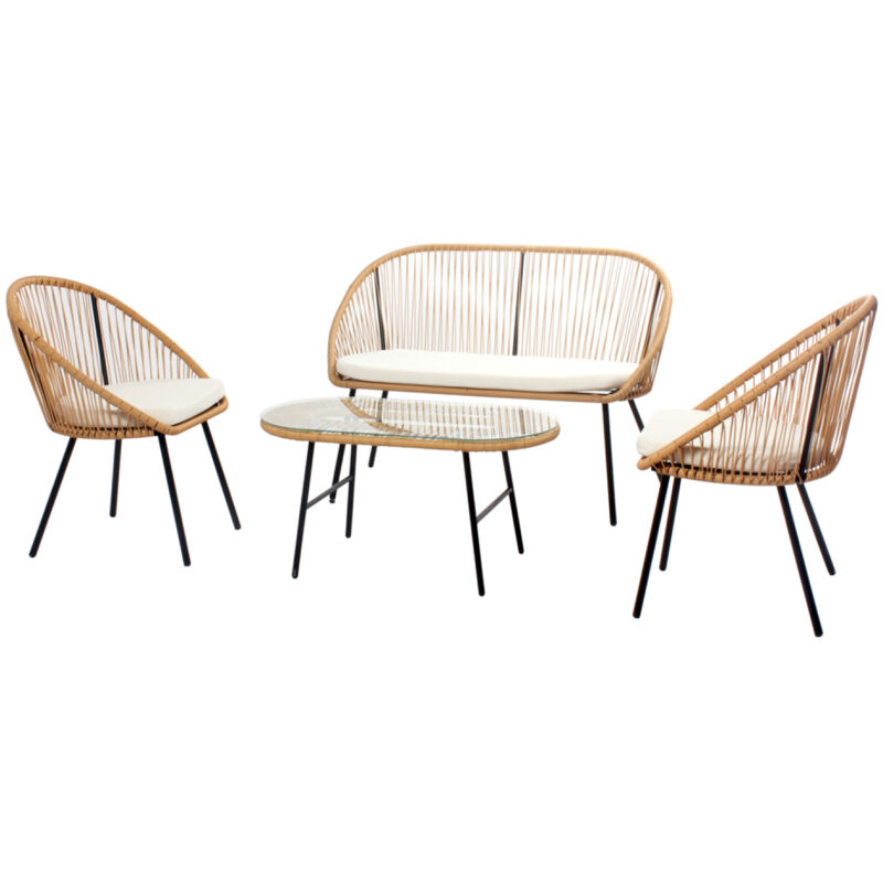 Ravello - Salon de jardin 4 places esprit rotin naturel et coussins beiges