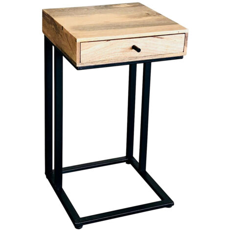 Ravi Iron Base 1 Drawer Large Side Table - Mango Wood - L35 x W35 x H60 cm - Mango Light Finish