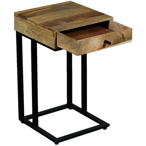 Ravi Iron Base 1 Drawer Small Side Table - Mango Wood - L30 x W30 x H50 cm - Mango Light Finish